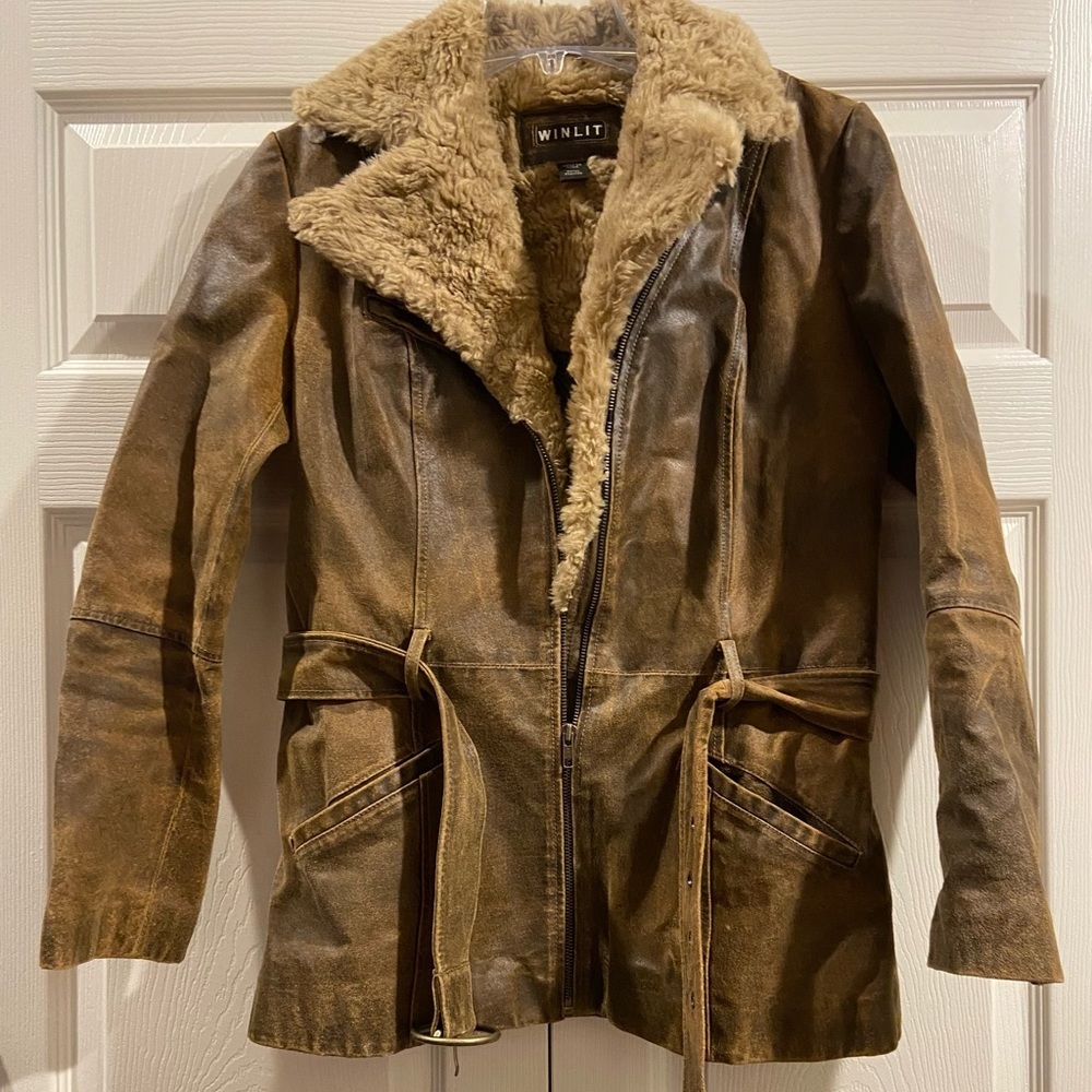 Winlit Coat Genuine Leather Distressed Brown Belted With Faux Fur Collar Size S
